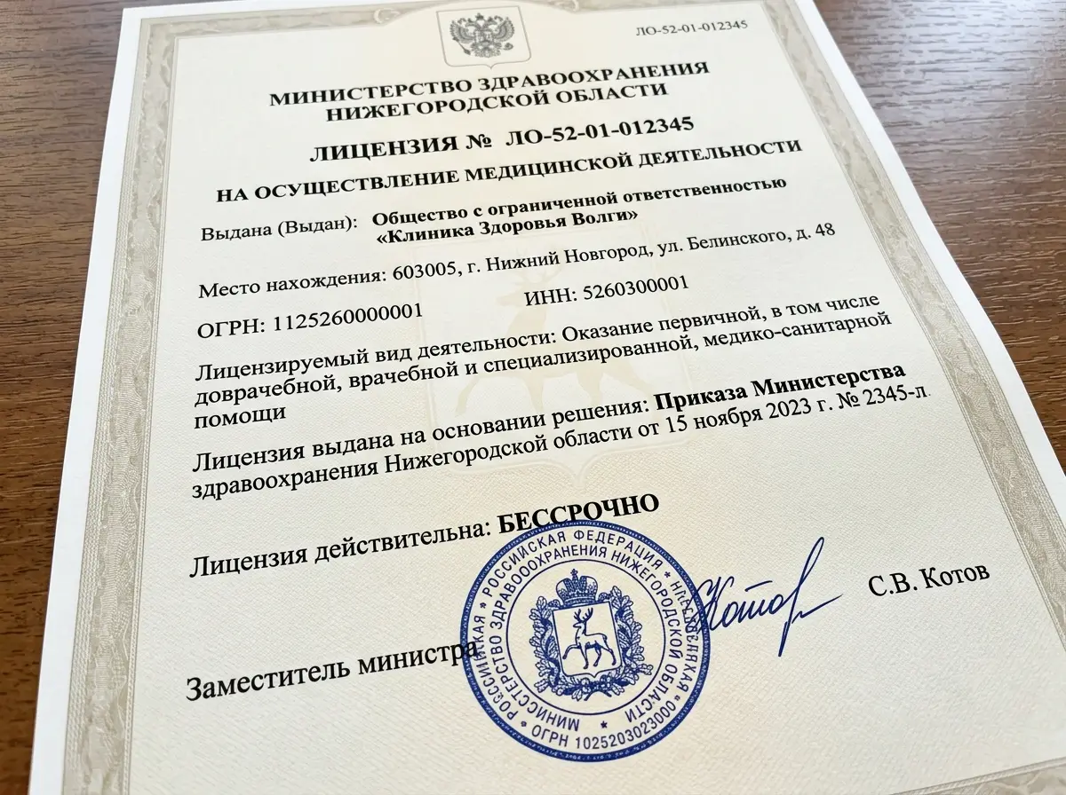 Лицензия на осуществление медицинской деятельности от Министерства здравоохранения Нижегородской области, официальный документ с печатью и подписью, крупный план