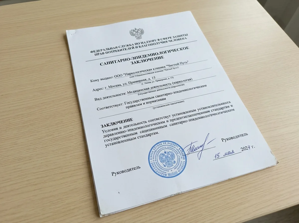 Санитарно-эпидемиологическое заключение Роспотребнадзора для наркологической клиники, официальный бланк с печатью, хорошо освещённый, нейтральный фон