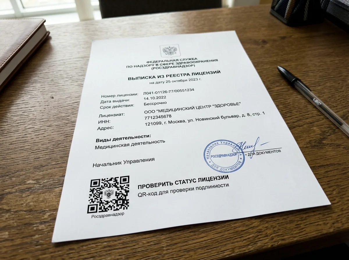 Выписка из реестра лицензий Росздравнадзора, распечатанный официальный документ с QR-кодом для проверки, лежит на столе