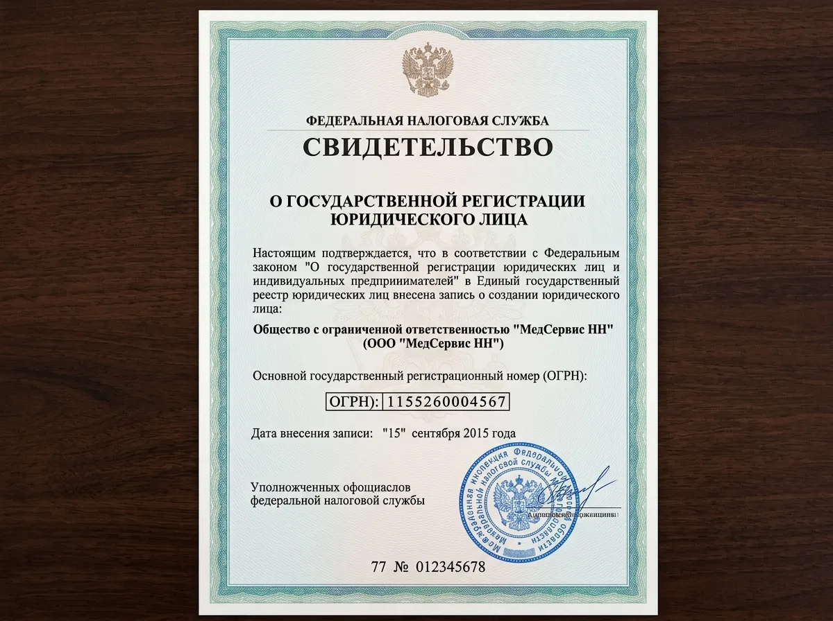 Свидетельство о государственной регистрации юридического лица ООО МедСервис НН, ОГРН, официальный бланк ФНС России